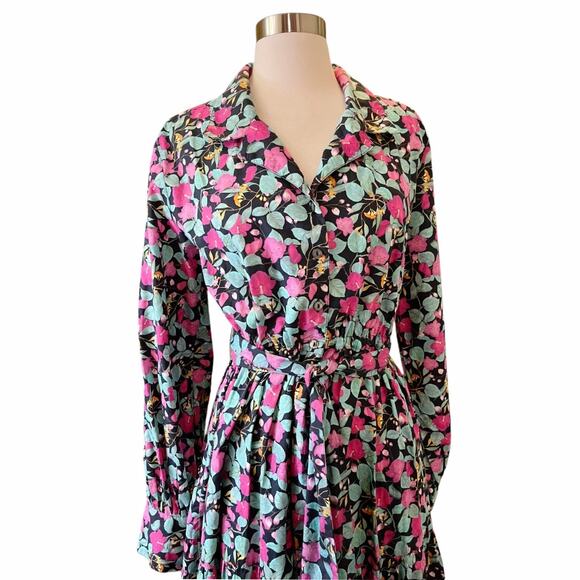 ROLLER RABBIT Shirt Maxi Dress Floral Blue Long Sleeve Cotton Button Down Medium - Picture 10 of 10